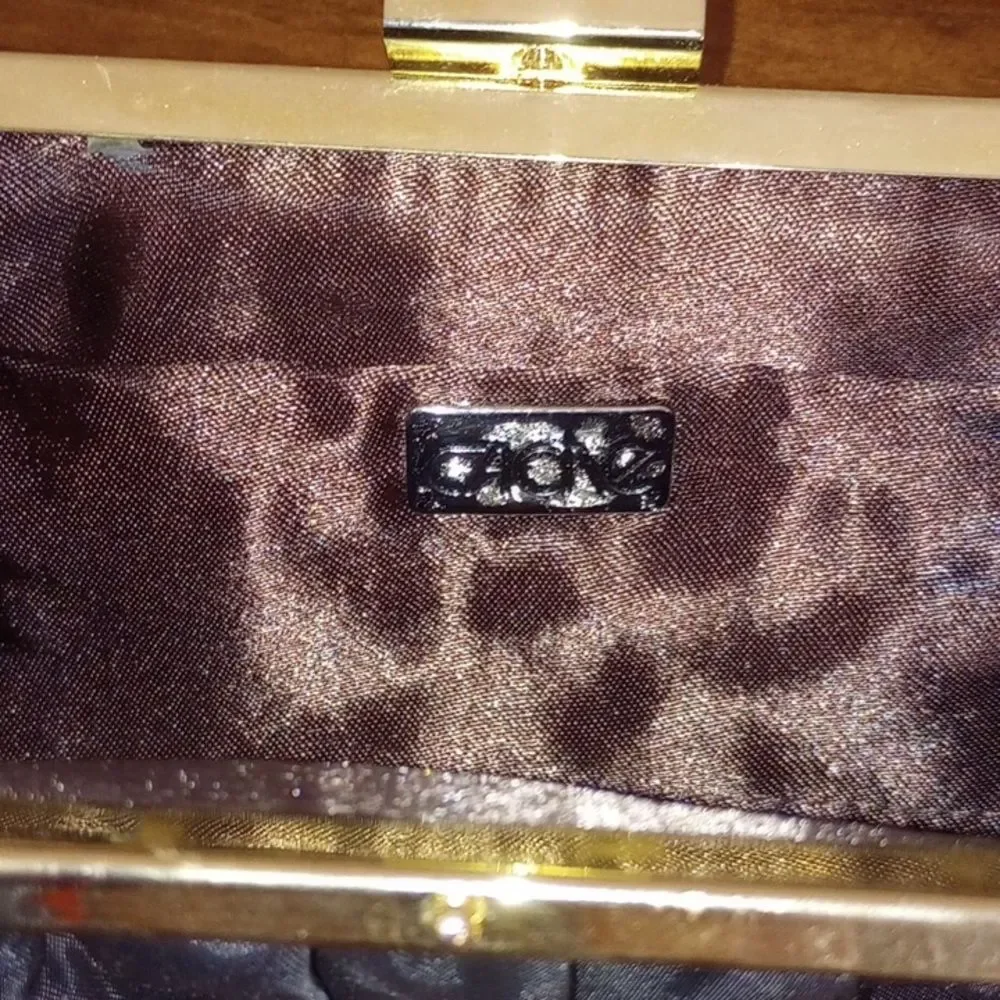 Cache Black Satin Evening Bag with Gold Chain Strap Formal Party Evening Clutch